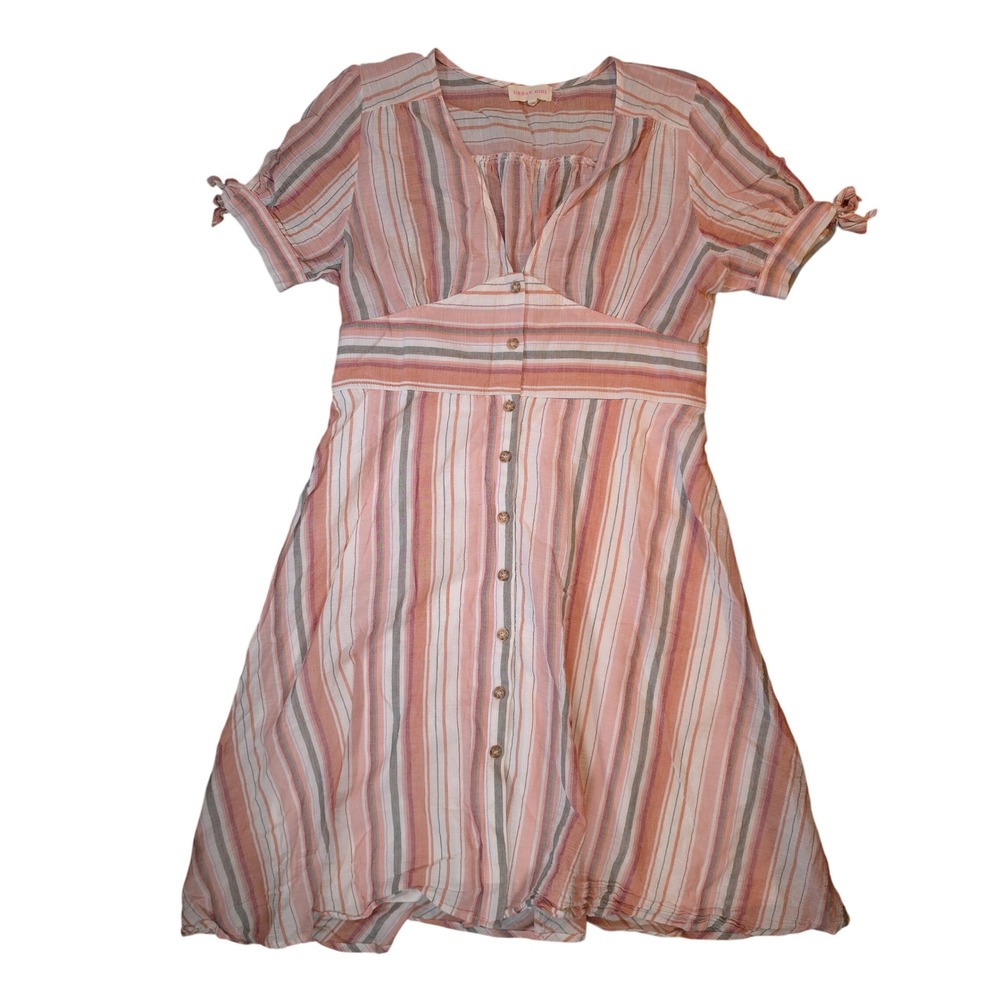 Urban Girl Pink Multi Stripe Button Front Midi Dress Short Puff Sleeve‎ L UG4911